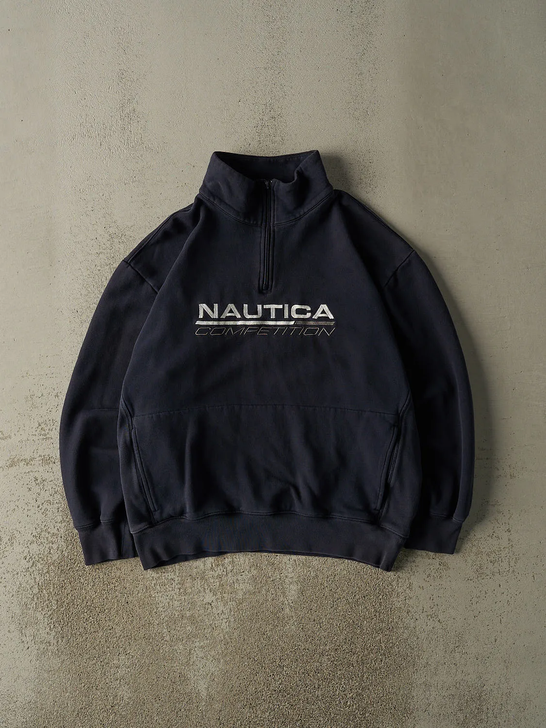 Vintage Y2K Navy Blue Nautica Competition Embroidered Quarter Zip Boxy Sweater (L/XL) sold by Rebalance Vintage