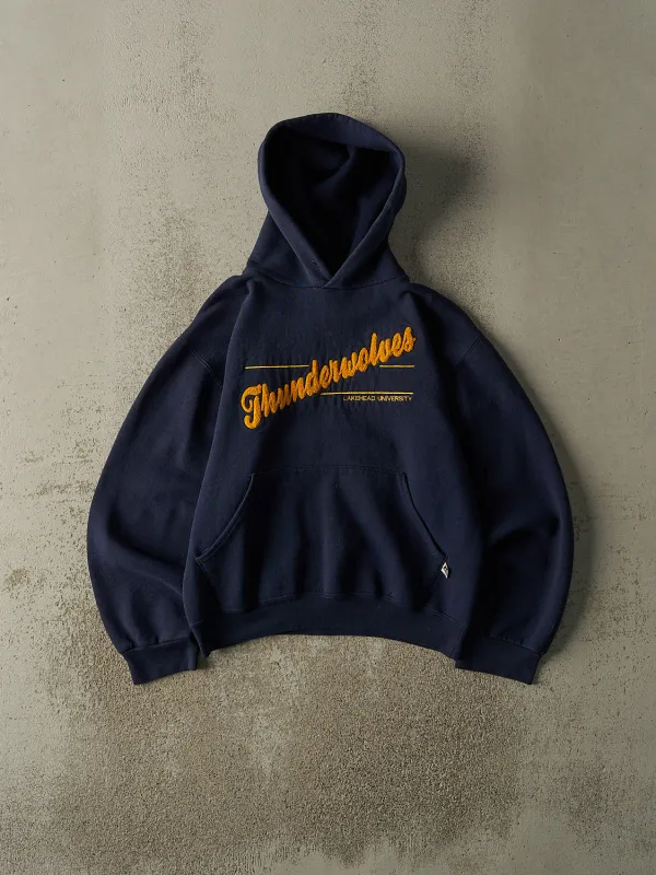 Vintage Y2K Navy Blue Lakehead University Thunderwolves Russell Athletic Embroidered Hoodie (XS/S) sold by Rebalance Vintage