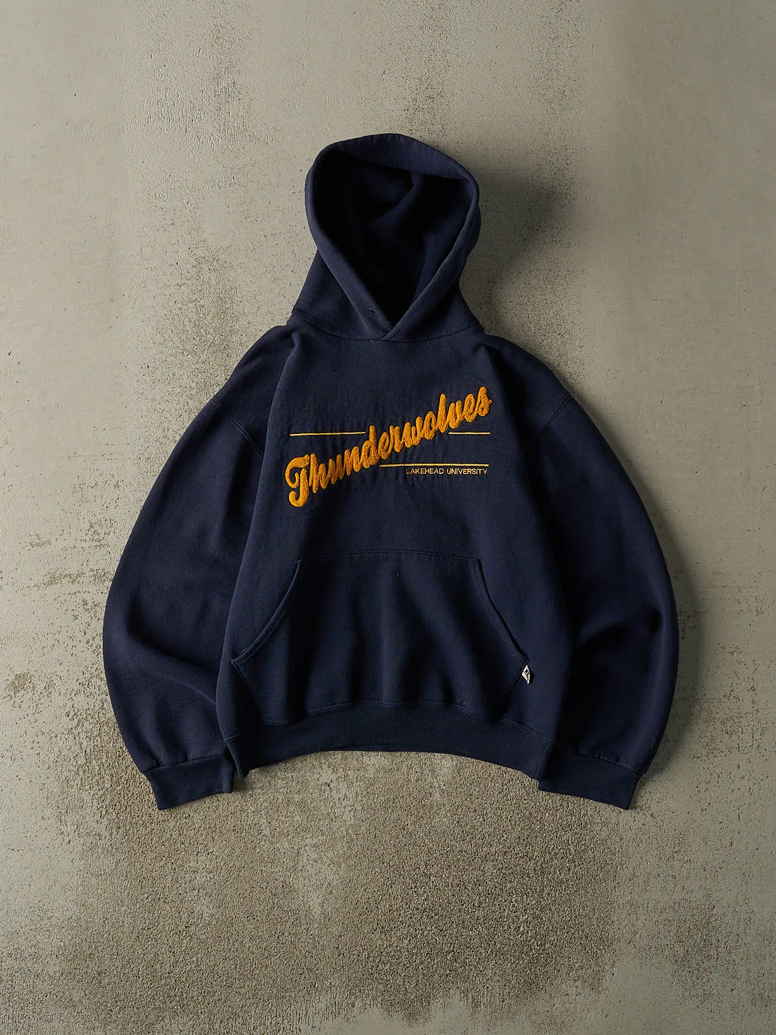 Vintage Y2K Navy Blue Lakehead University Thunderwolves Russell Athletic Embroidered Hoodie (XS/S) sold by Rebalance Vintage