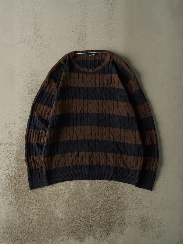 Vintage Y2K  Brown & Navy Nautica Striped Cable  Knit Sweater (XXL) sold by Rebalance Vintage