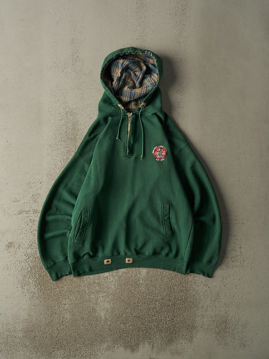 Vintage 96' Sun Faded Green Coca Cola Embroidered Quarter Zip Hoodie (L/XL) sold by Rebalance Vintage
