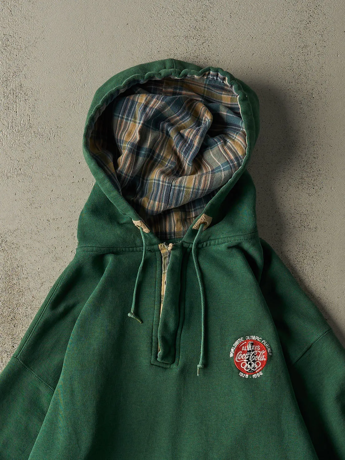 Vintage 96' Sun Faded Green Coca Cola Embroidered Quarter Zip Hoodie (L/XL) sold by Rebalance Vintage product image thumbnail 2