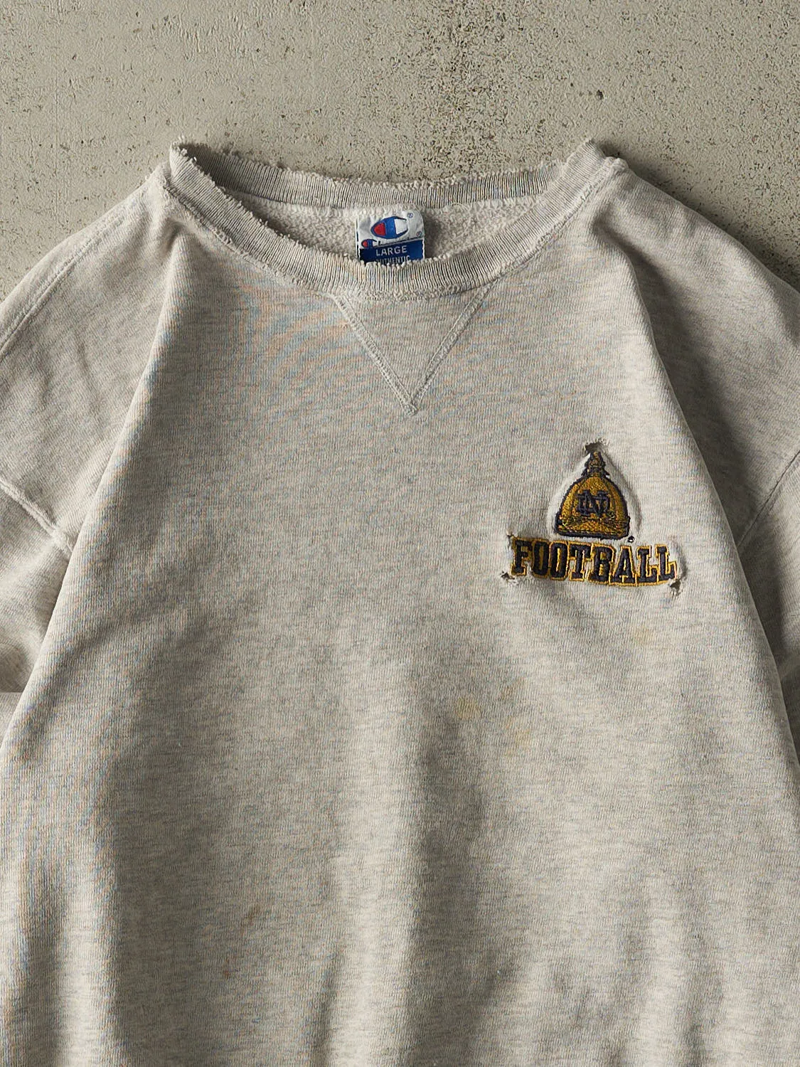 Vintage 90s Heather Grey University of Notre Dame Football Embroidered Crewneck (M) sold by Rebalance Vintage product image thumbnail 2