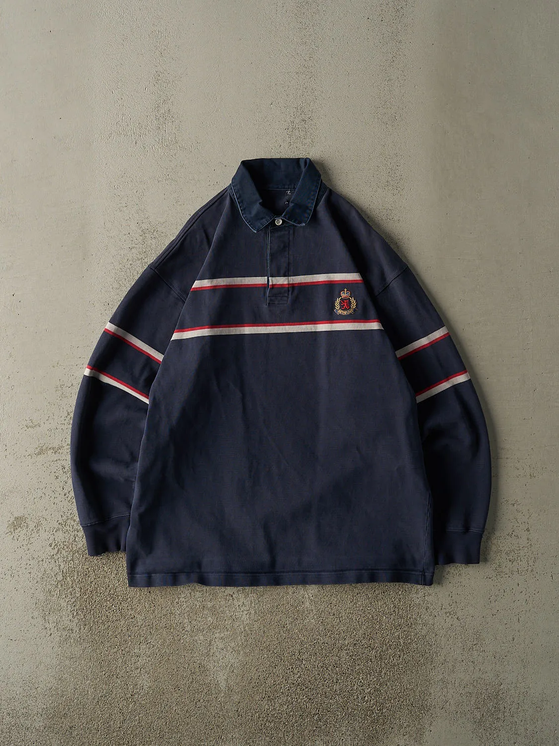 Vintage 90s Navy Blue Embroidered Rugby Long Sleeve (XL) sold by Rebalance Vintage