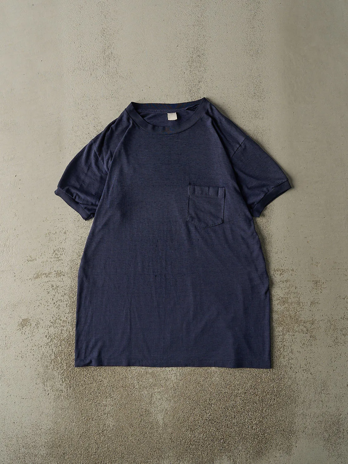 Vintage 80s Navy Blue Blank Single Stitch Pocket Tee (L/XL) sold by Rebalance Vintage