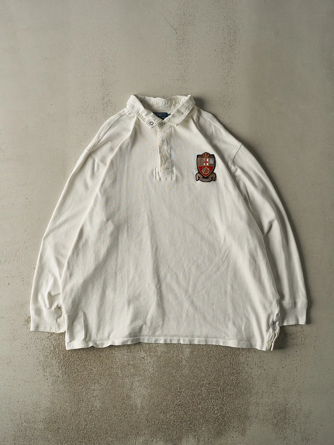 Vintage 90s White Polo Ralph Lauren Embroidered Rugby Long Sleeve (XXXXL) sold by Rebalance Vintage
