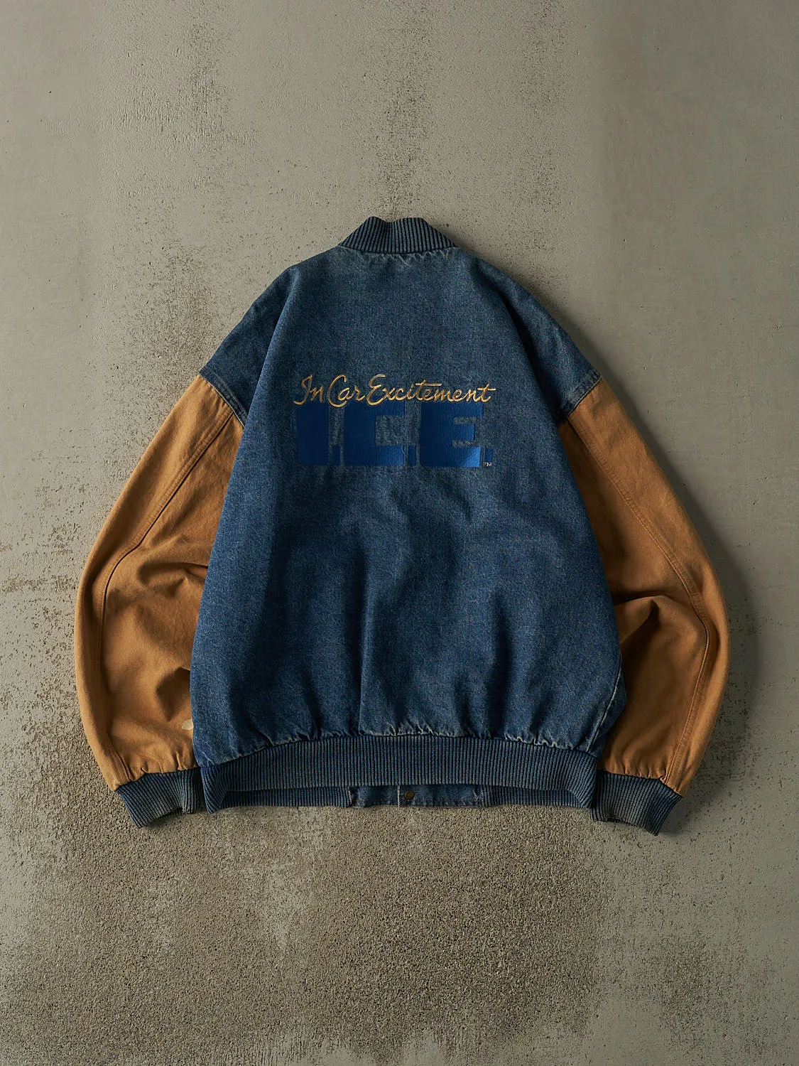Vintage 90s Dark Wash & Camel Embroidered Varsity Jacket (L/XL) sold by Rebalance Vintage product image thumbnail 2
