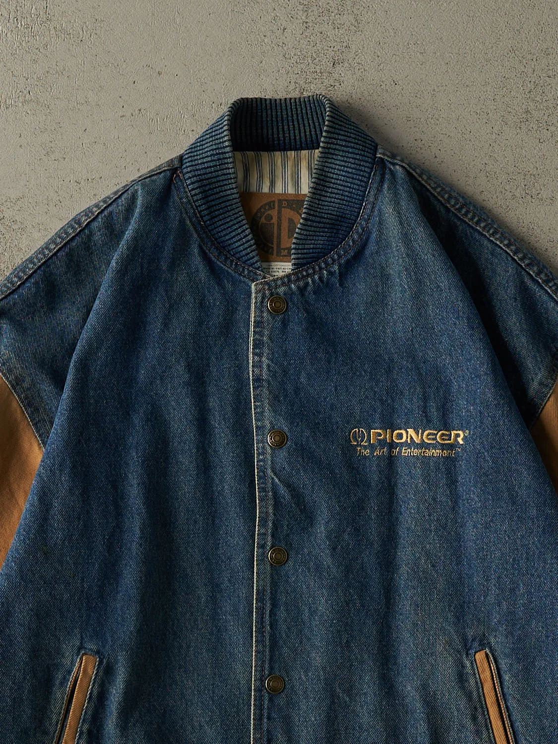 Vintage 90s Dark Wash & Camel Embroidered Varsity Jacket (L/XL) sold by Rebalance Vintage product image thumbnail 3