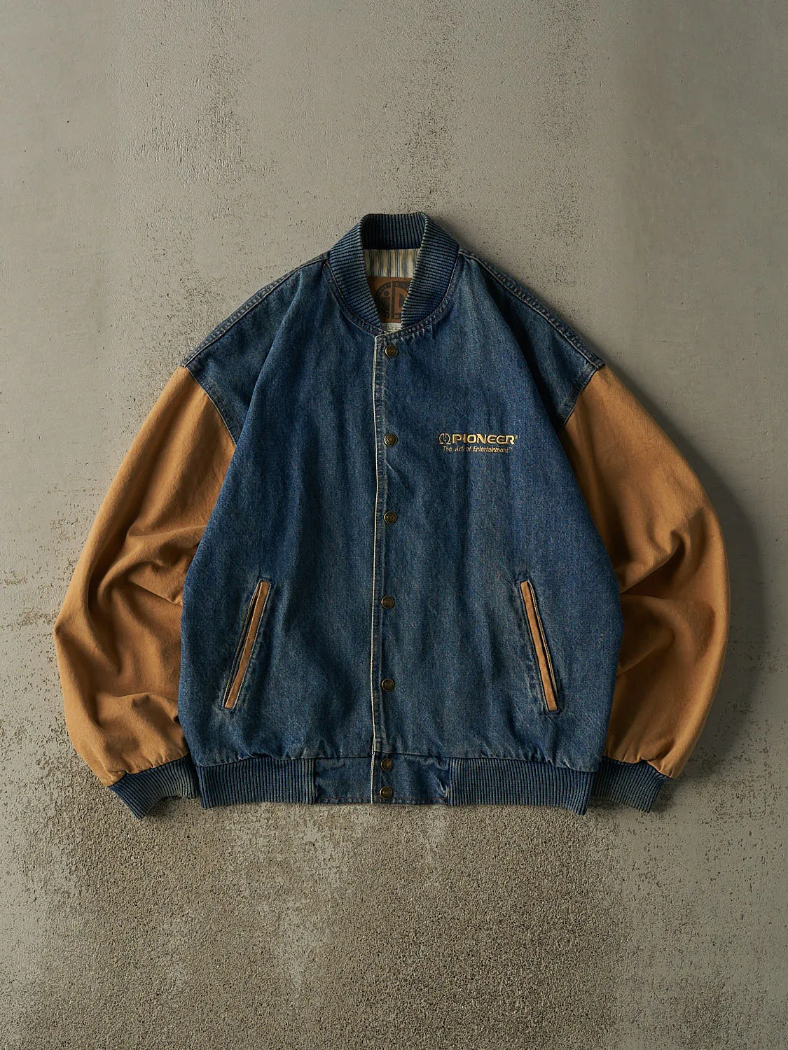 Vintage 90s Dark Wash & Camel Embroidered Varsity Jacket (L/XL) sold by Rebalance Vintage