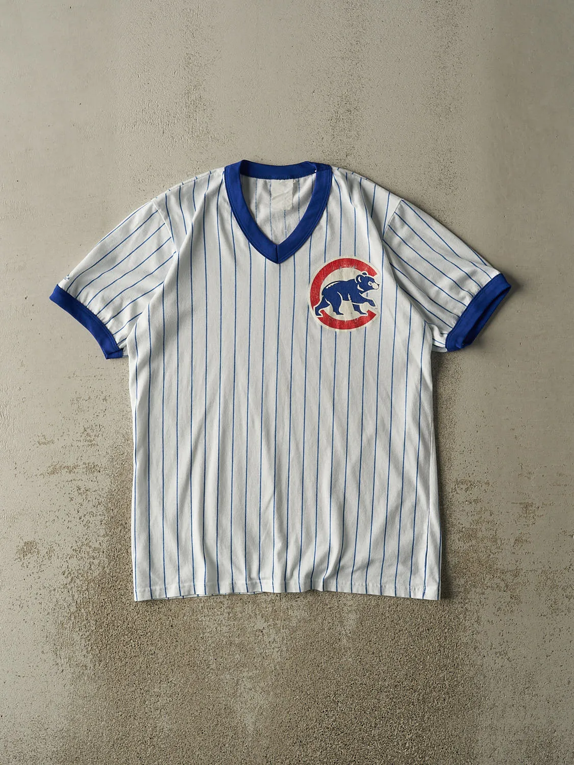 Vintage 90s White Chicago Cubs Pin Stripe Ringer Tee (L/XL) sold by Rebalance Vintage