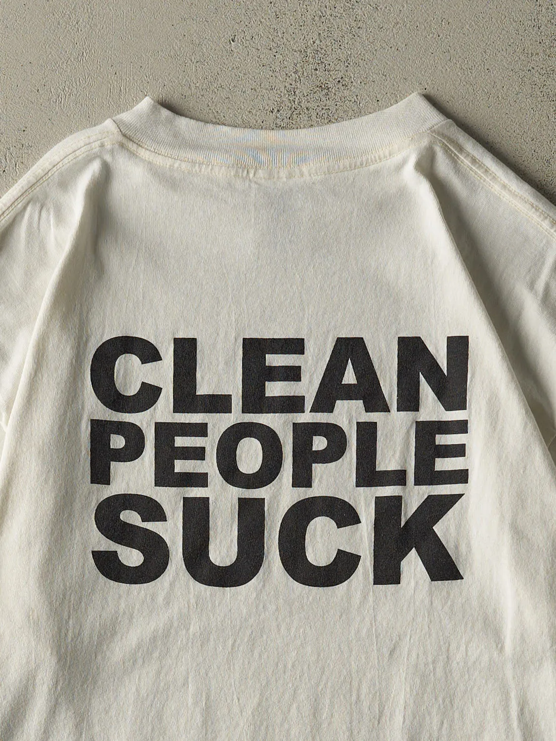 Vintage 90s White "Clean People Suck" Slogan Tee (L/XL) sold by Rebalance Vintage product image thumbnail 4