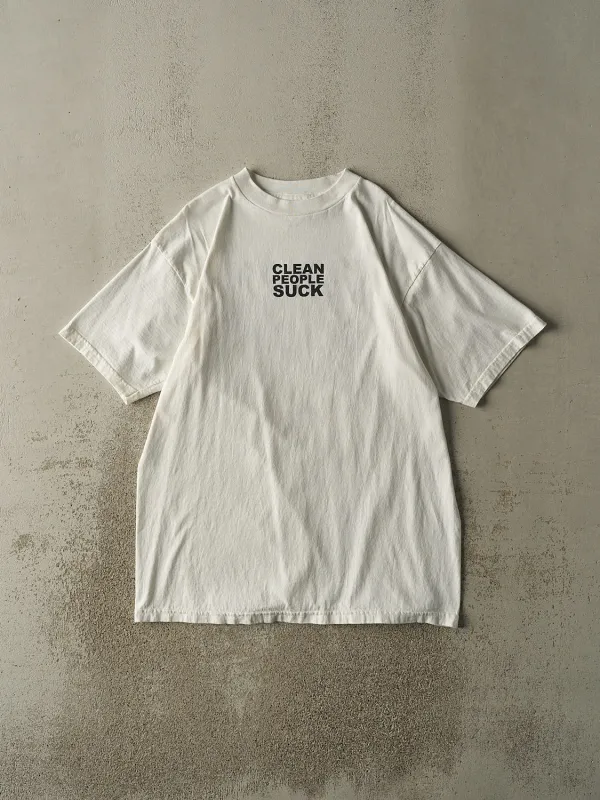 Vintage 90s White "Clean People Suck" Slogan Tee (L/XL) sold by Rebalance Vintage
