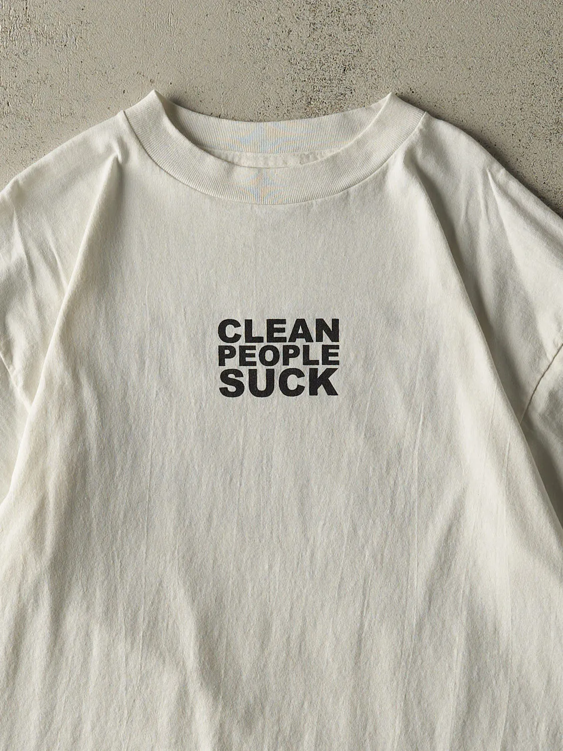 Vintage 90s White "Clean People Suck" Slogan Tee (L/XL) sold by Rebalance Vintage product image thumbnail 3