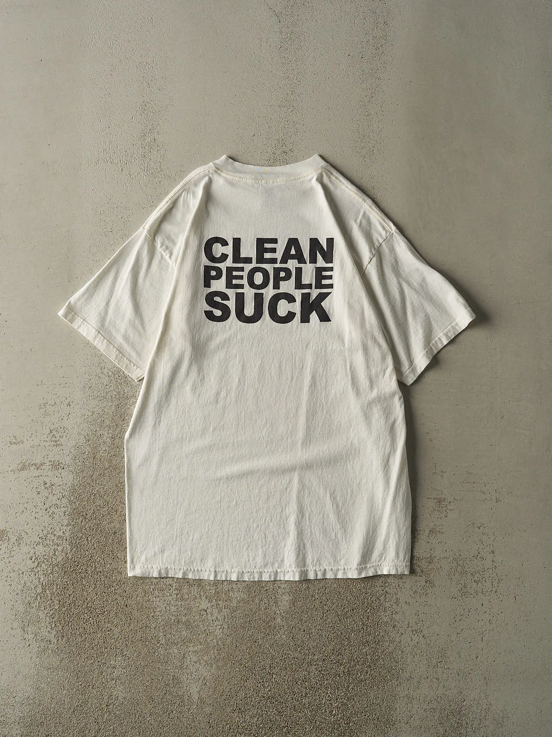 Vintage 90s White "Clean People Suck" Slogan Tee (L/XL) sold by Rebalance Vintage product image thumbnail 2