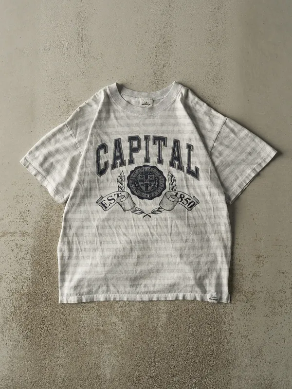 Vintage 90s Grey & White Capital Striped Tee (L/XL) sold by Rebalance Vintage