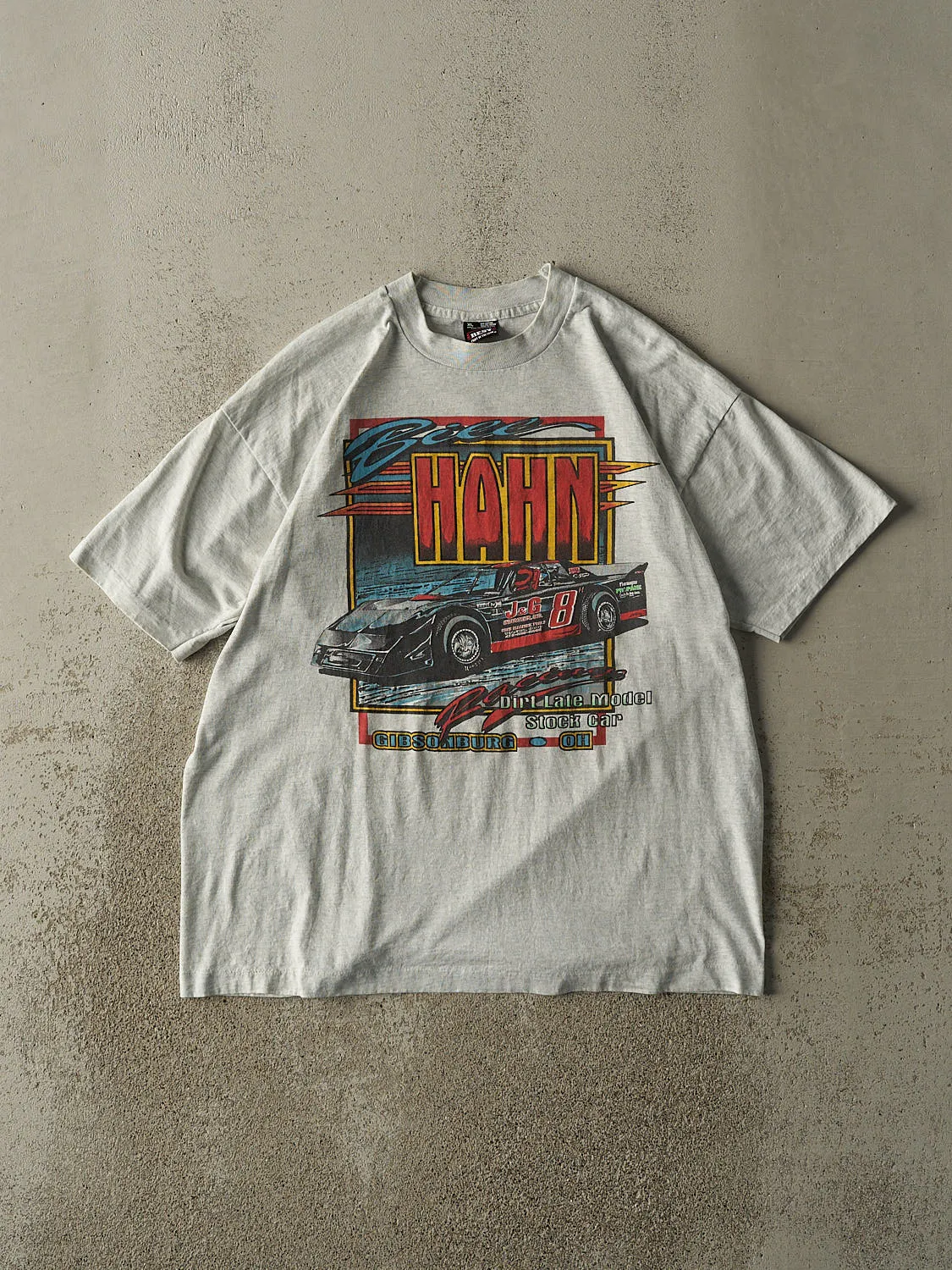 Vintage 80s Heather Grey Bill Hahn Racing Single Stitch Tee (L/XL) sold by Rebalance Vintage