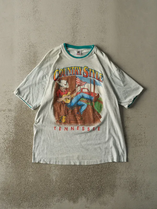 Vintage 90s Heather Grey Country Style Tennessee Double Neck Tee (XL) sold by Rebalance Vintage