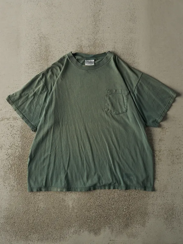 Vintage 90s Sun Faded Green Discus Athletic Blank Pocket Tee (L/XL) sold by Rebalance Vintage