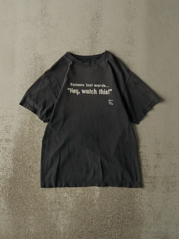 Vintage 90s Sun Faded Black "Hey, Watch This!" Slogan Tee (XS/S) sold by Rebalance Vintage