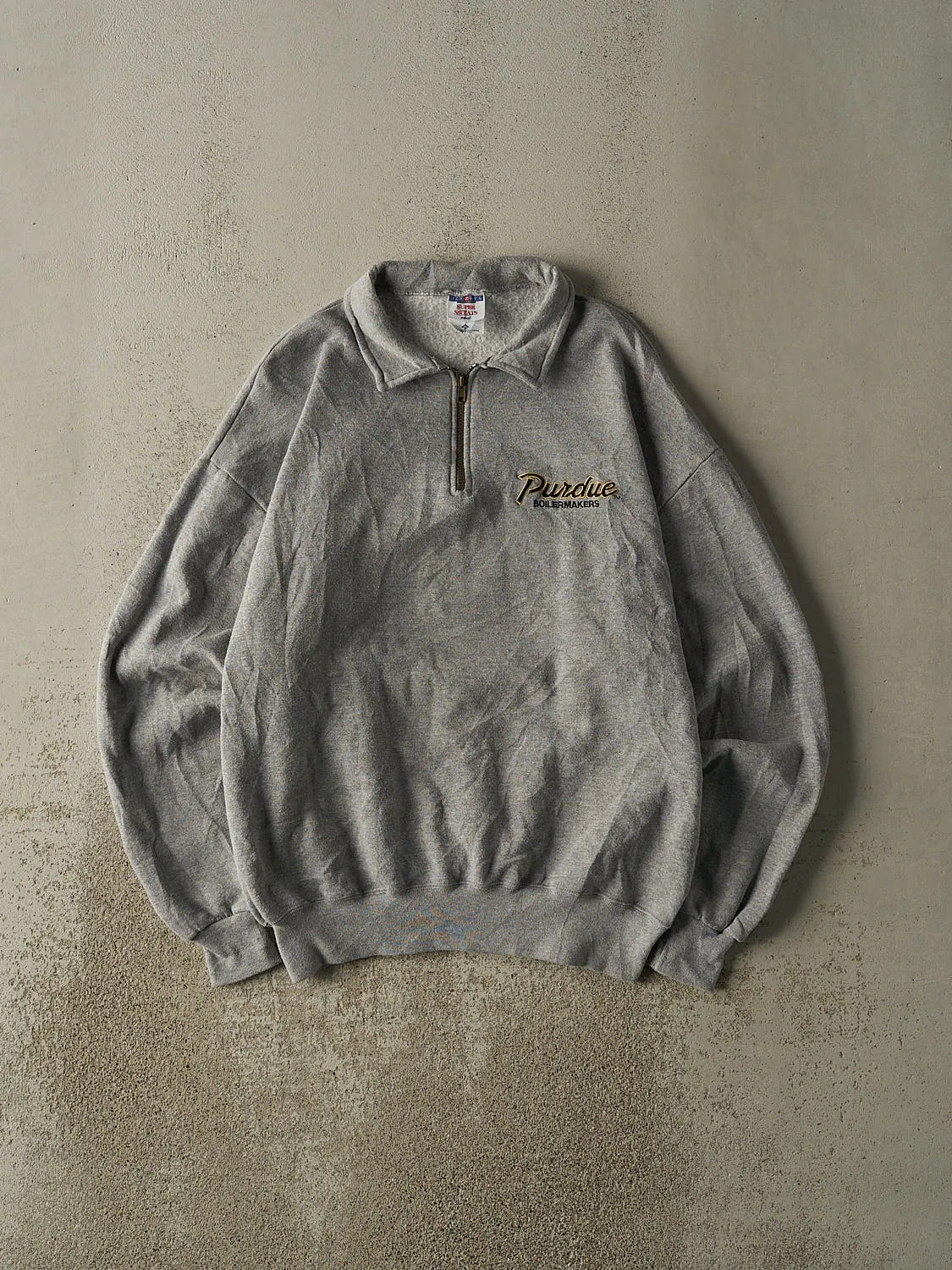Vintage 90s Grey Purdue University Boilermakers Embroidered Quarter Zip Sweatshirt (L/XL) sold by Rebalance Vintage