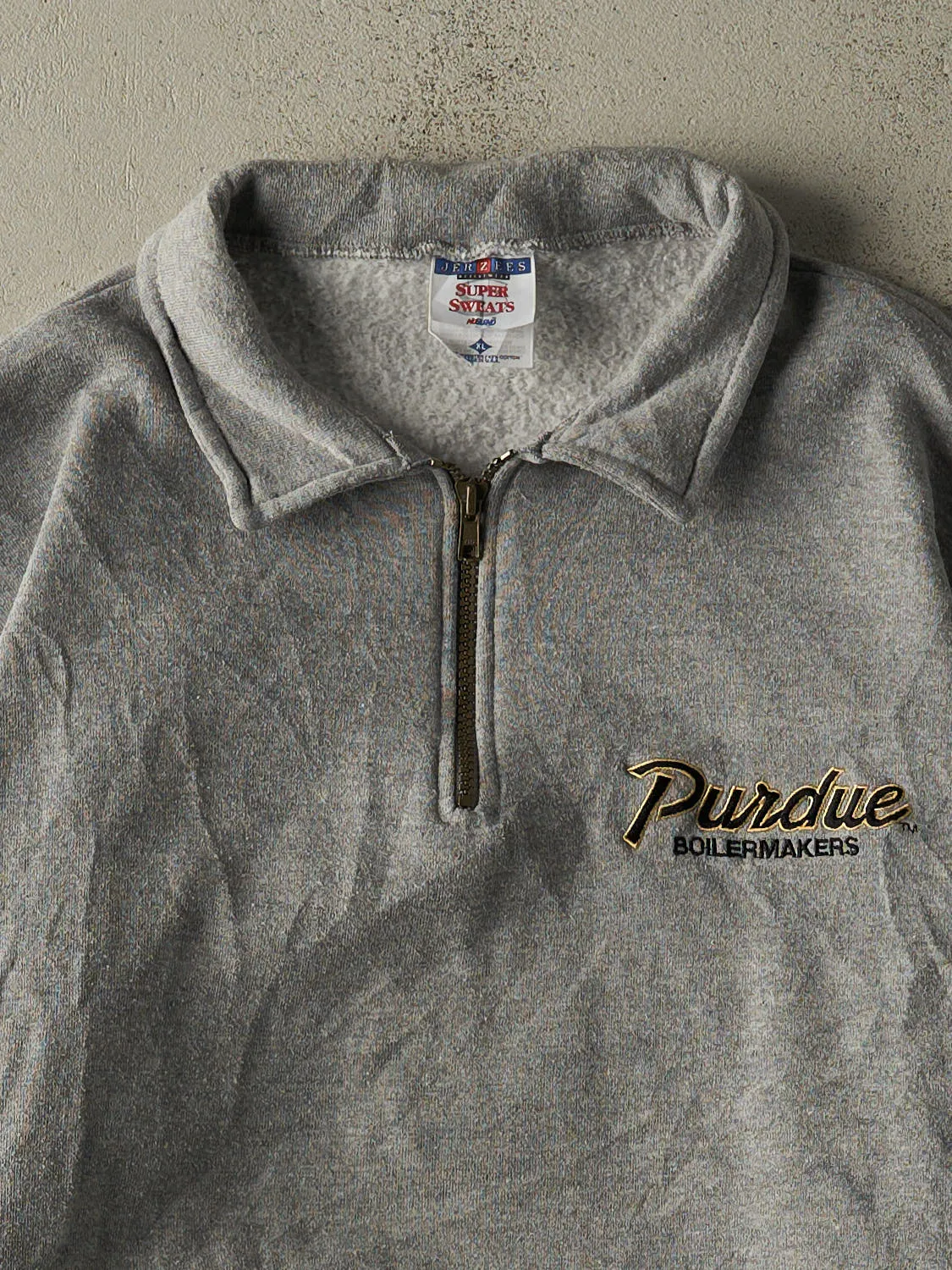 Vintage 90s Grey Purdue University Boilermakers Embroidered Quarter Zip Sweatshirt (L/XL) sold by Rebalance Vintage product image thumbnail 2