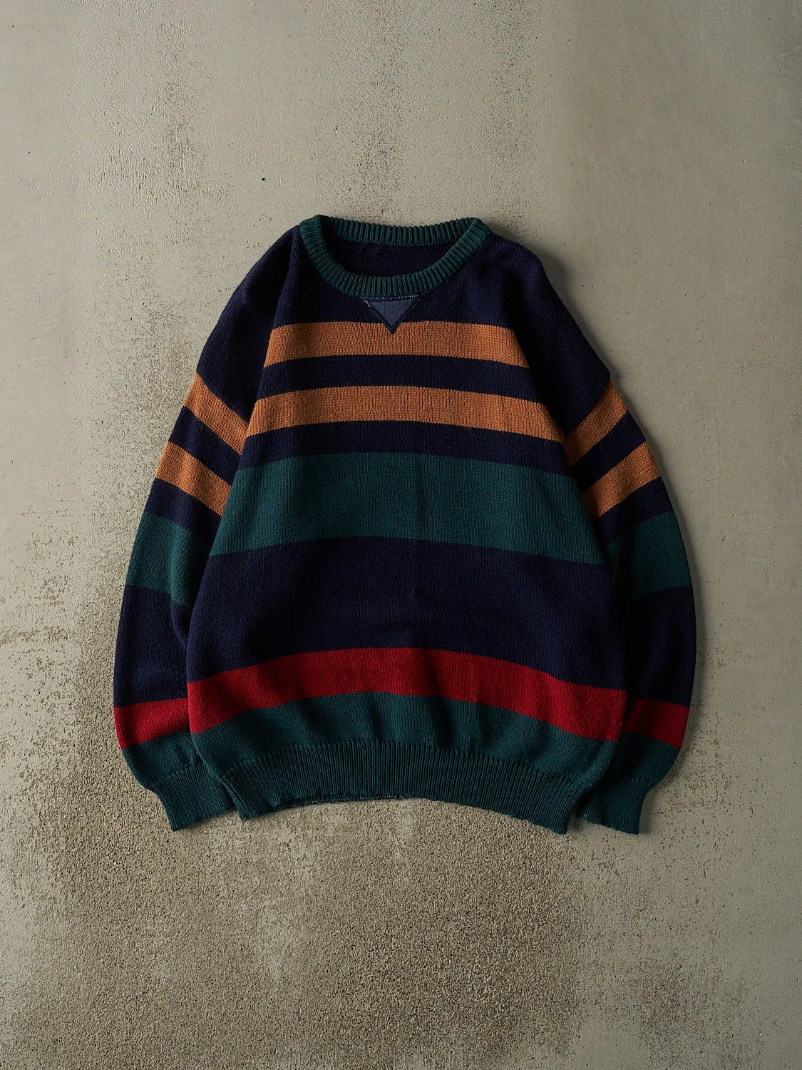 Vintage 90s Navy Blue Yellow, Green & Red Striped Knit Pullover (XL/XXL) sold by Rebalance Vintage