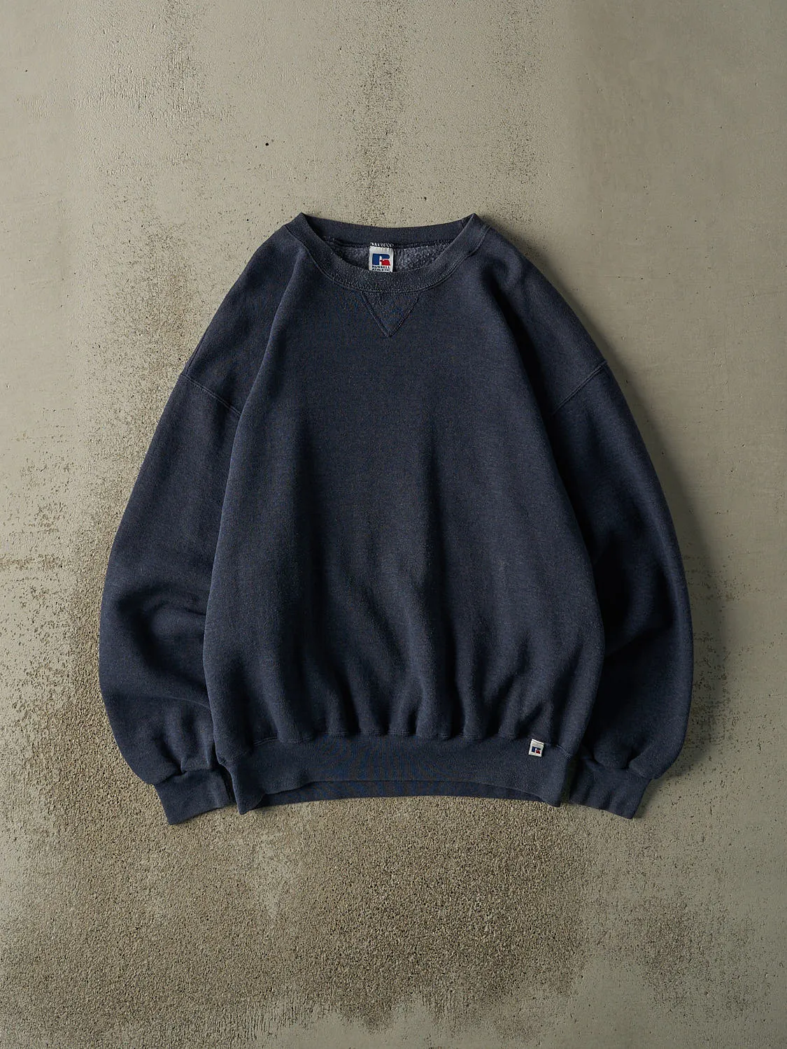 Vintage 90s Washed Navy Blue Russell Athletic Blank Crewneck (XL) sold by Rebalance Vintage