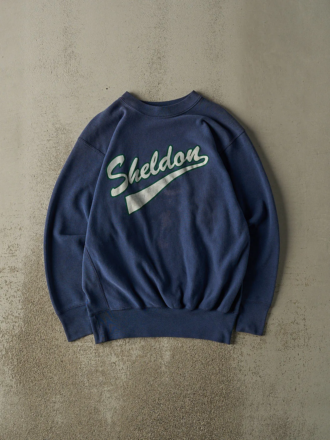 Vintage 80s Navy Blue Sheldon Crewneck (L) sold by Rebalance Vintage