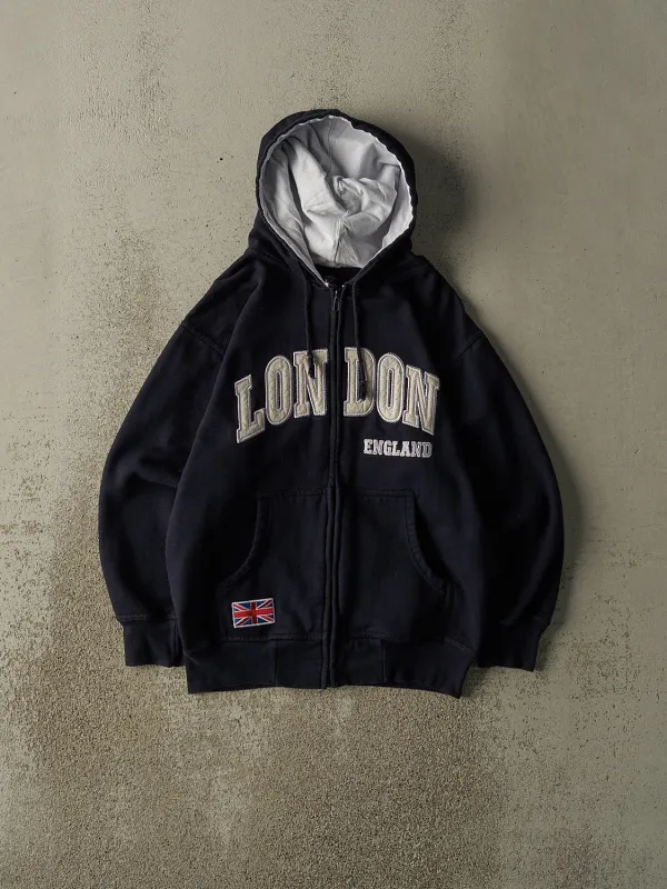 Vintage Y2K Navy Blue London England Embroidered Zip Up Hoodie (XS/S) sold by Rebalance Vintage
