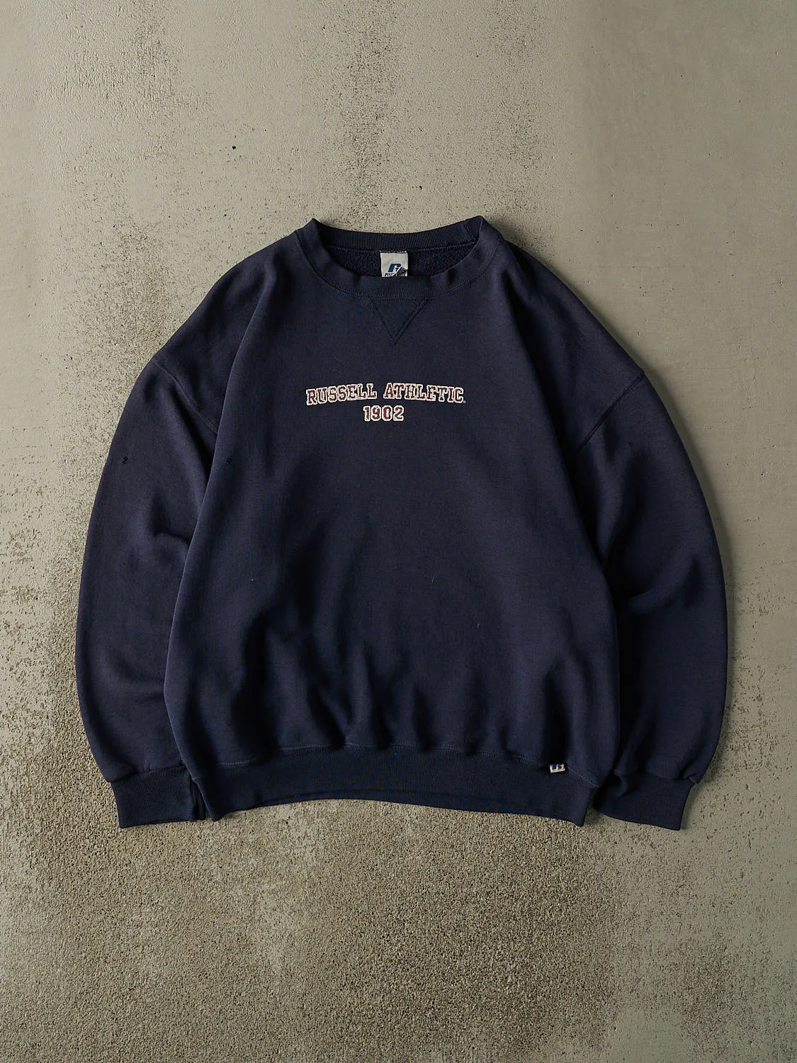 Vintage Y2K Navy Blue Russell Athletic Logo Crewneck (L) sold by Rebalance Vintage
