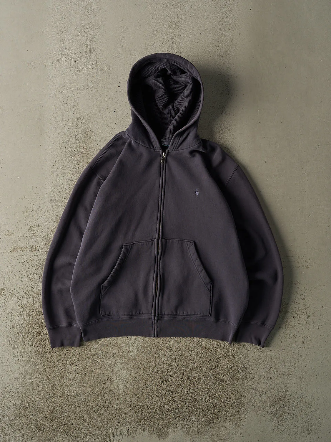 Vintage 90s Navy Blue Polo Ralph Lauren Embroidered Thermal Lined Zip Up Hoodie (M/L) sold by Rebalance Vintage