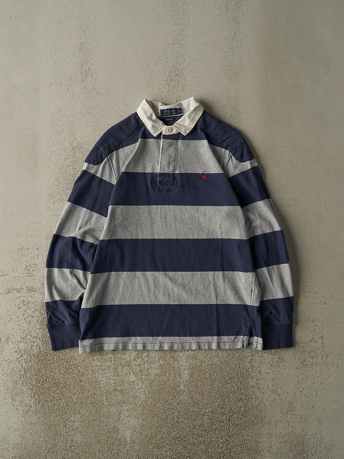 Vintage Y2K Navy Blue & Grey Polo Ralph Lauren Rugby Long Sleeve (M/L) sold by Rebalance Vintage