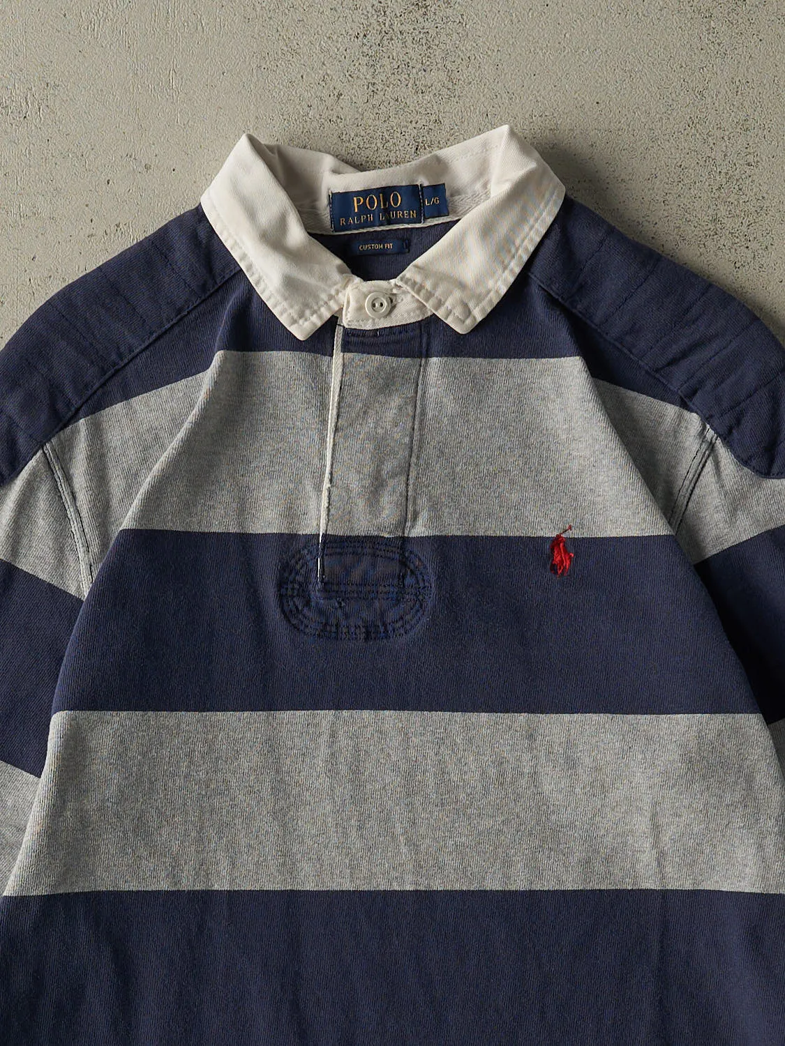 Vintage Y2K Navy Blue & Grey Polo Ralph Lauren Rugby Long Sleeve (M/L) sold by Rebalance Vintage product image thumbnail 2