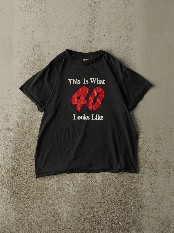 Vintage 80s Black "This Is What 40 Looks Like" Slogan Single Stitch Tee (S/M) sold by Rebalance Vintage