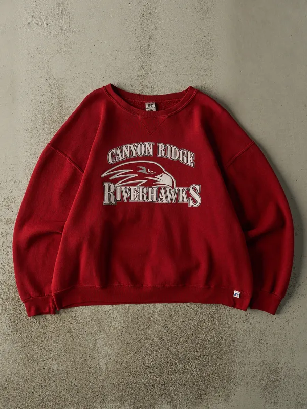 Vintage Y2K Burgundy Russell Athletic Canyon Ridge Riverhawks Boxy Crewneck (L) sold by Rebalance Vintage