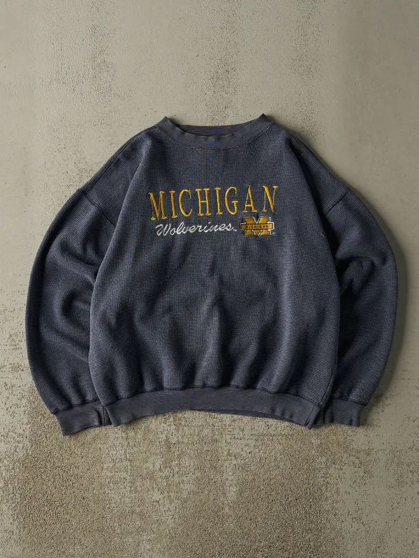 Vintage 90s Navy Blue University of Michigan Wolverines Embroidered Textured Crewneck (M) sold by Rebalance Vintage