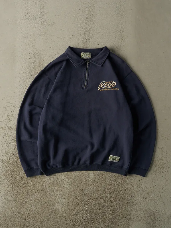 Vintage 90s Navy Blue Roots Embroidered Quarter Zip Sweater (M) sold by Rebalance Vintage