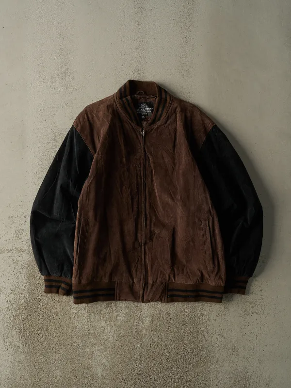 Vintage 90s Brown & Black Suede Bomber Jacket (XXL) sold by Rebalance Vintage