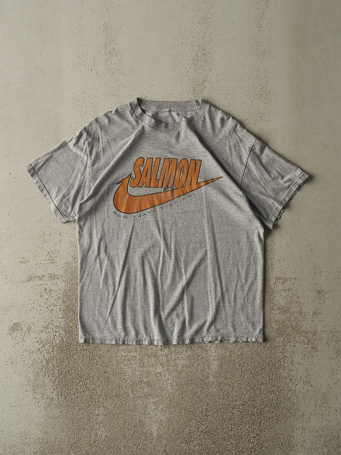 Vintage 90s Grey Fishing Salmon Slogan Tee (M/L) sold by Rebalance Vintage