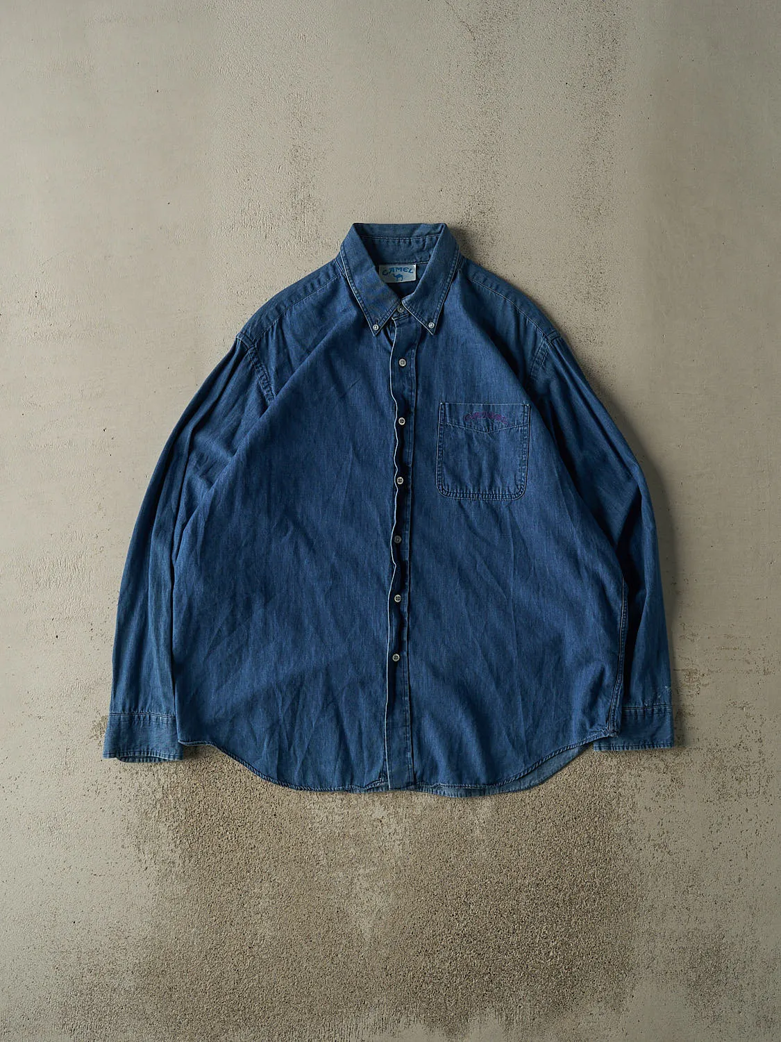 Vintage 90s Mid Wash Denim Camel Button Up Long Sleeve (XL/XXL) sold by Rebalance Vintage