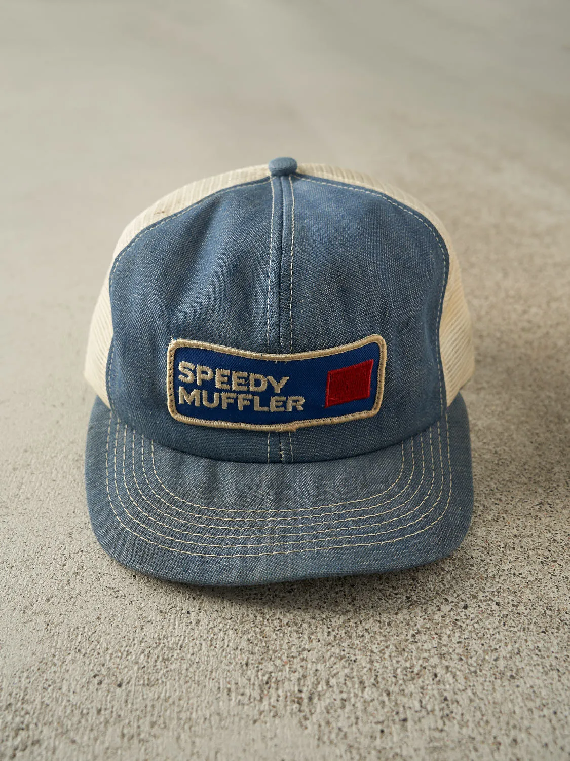 Vintage 80s Mid Wash Speedy Muffler Embroidered Trucker Hat (O/S) sold by Rebalance Vintage