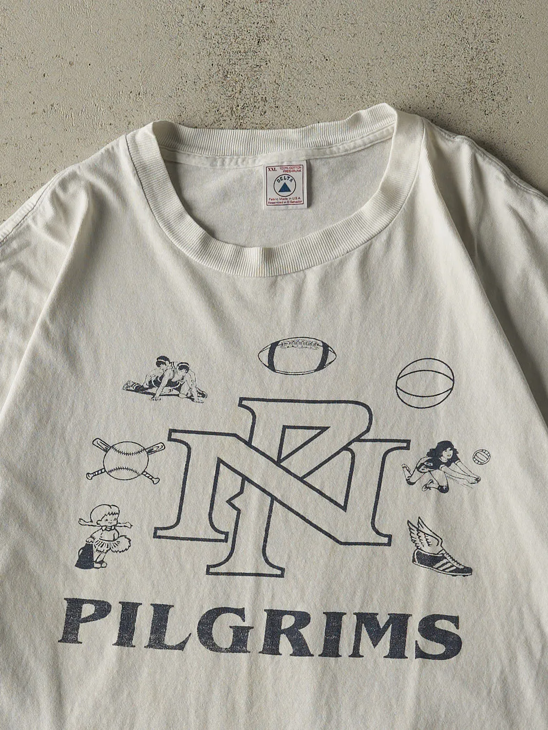 Vintage 90s White Varsity Pilgrims Single Stitch Tee (L/XL) sold by Rebalance Vintage product image thumbnail 2