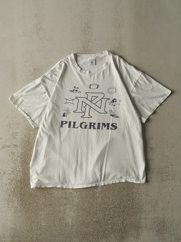 Vintage 90s White Varsity Pilgrims Single Stitch Tee (L/XL) sold by Rebalance Vintage