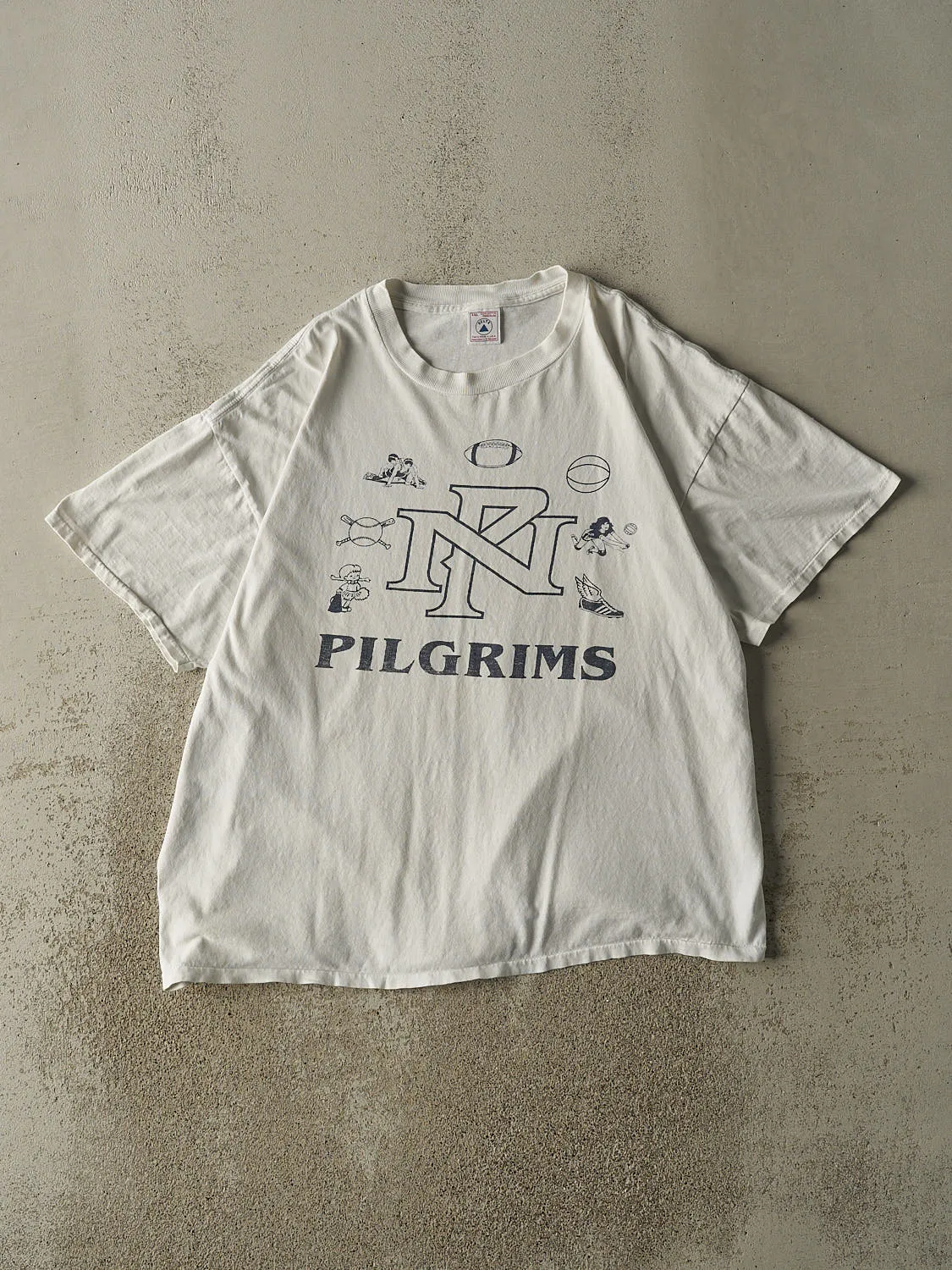 Vintage 90s White Varsity Pilgrims Single Stitch Tee (L/XL) sold by Rebalance Vintage
