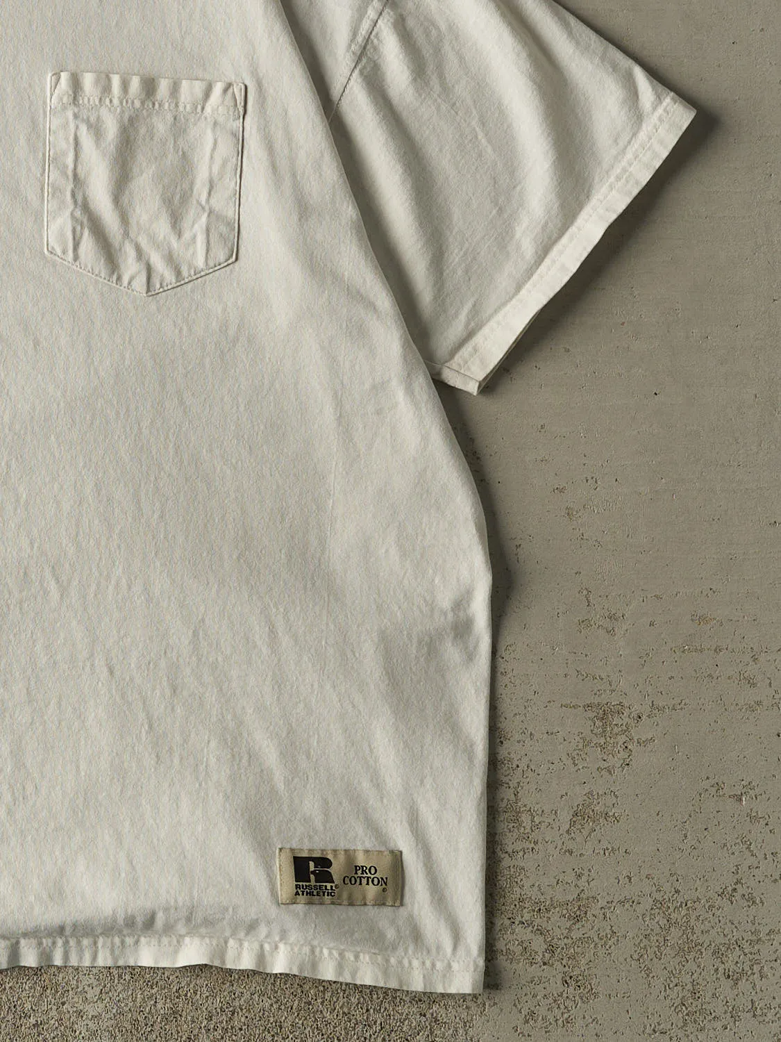 Vintage 90s White Russell Athletic Blank Pocket Tee (XL) sold by Rebalance Vintage product image thumbnail 3