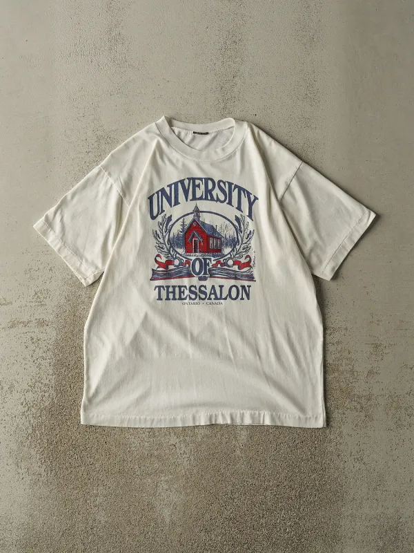 Vintage 90s White University of Thessalon Single Stitch Tee (M) sold by Rebalance Vintage