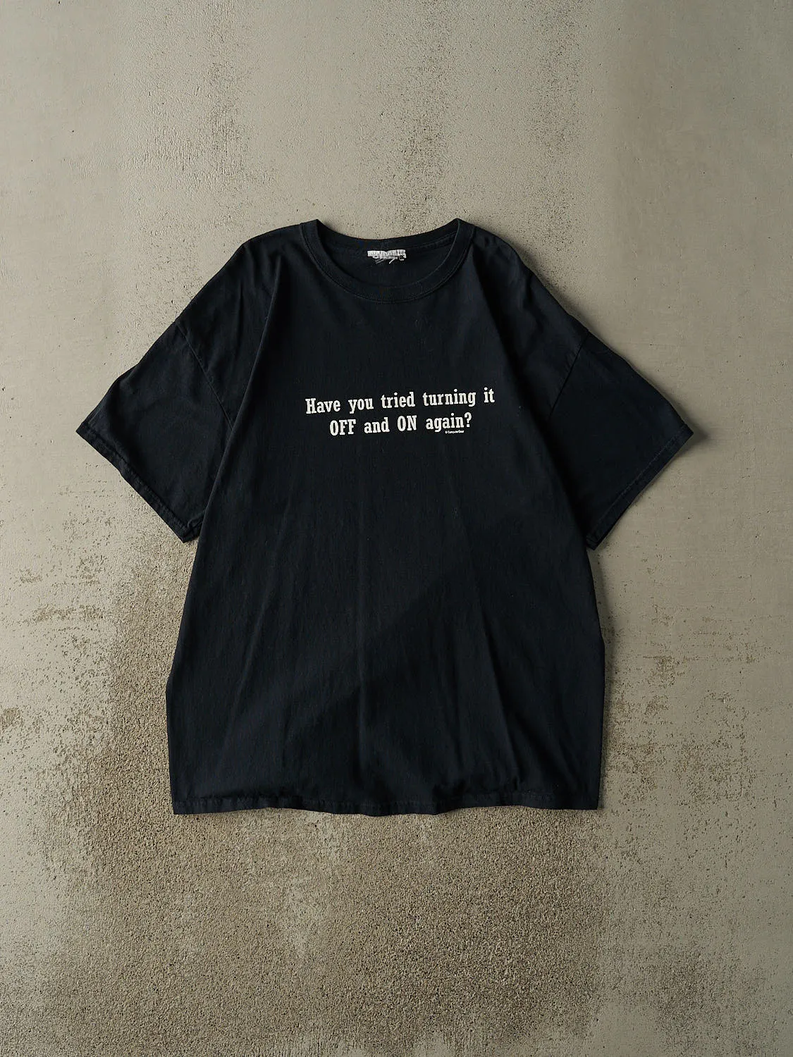 Vintage Y2K Black "Have You Tried Turning It Off" Slogan Tee (XL) sold by Rebalance Vintage