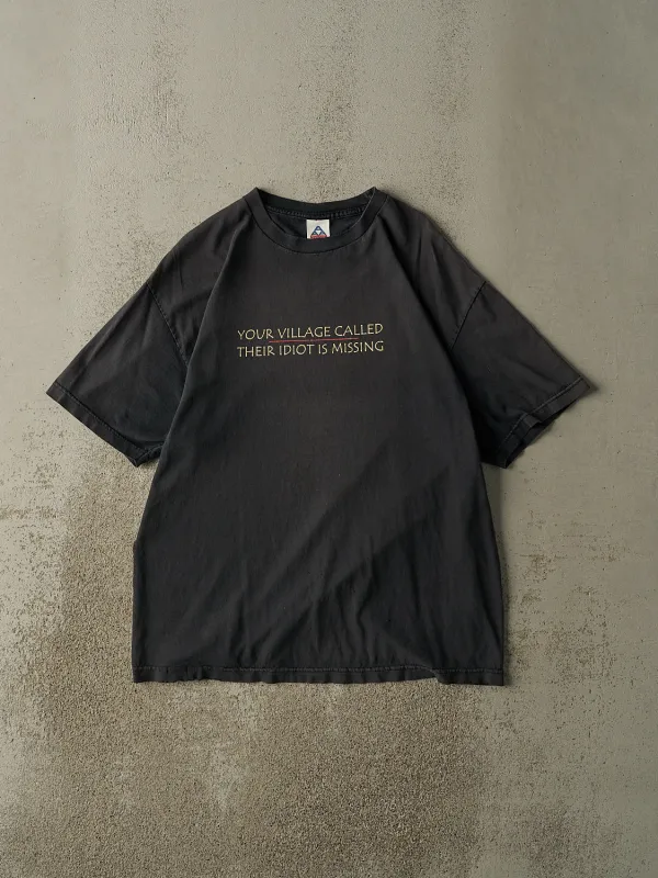 Vintage Y2K Faded Black "Your Village Called" Slogan Tee (XL) sold by Rebalance Vintage