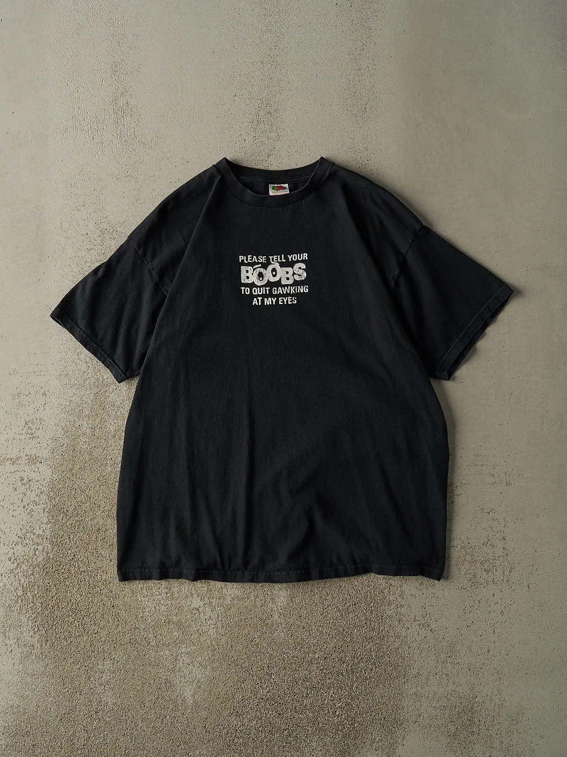 Vintage Y2K Black "Tell Your Boobs" Slogan Tee (XL) sold by Rebalance Vintage