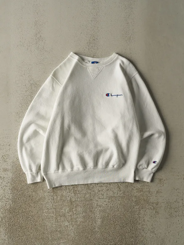Vintage 90s White Champion Embroidered Crewneck (M) sold by Rebalance Vintage